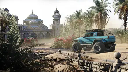 A vibrant HD desktop wallpaper from the video game RoadCraft, featuring a rugged blue vehicle amidst lush palm trees and an ornate building in a sunlit desert landscape.