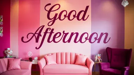 A vibrant interior featuring a pink sofa and armchair against a colorful wall, prominently displaying the phrase Good Afternoon, designed for a cheerful atmosphere. 4K Ultra HD quality.