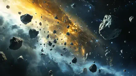 A stunning sci-fi scene showcasing an asteroid field set against a vibrant cosmic backdrop, presented as a 4K Ultra HD desktop wallpaper.