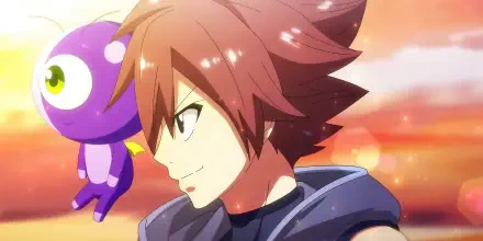 A vibrant HD wallpaper featuring a character from the video game Farmagia, showcasing a confident expression with a colorful creature in the background.