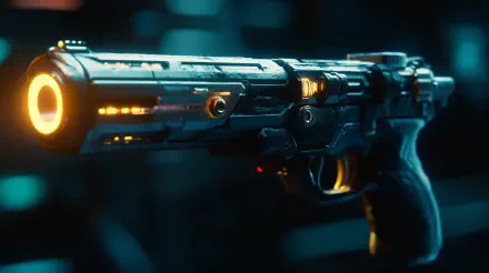 A sleek, futuristic laser gun glows with vibrant lights, set against a dark sci-fi backdrop. This stunning 4K Ultra HD image serves as an engaging desktop wallpaper.