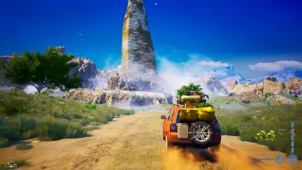 A vibrant HD wallpaper from the video game Albatroz, featuring a vehicle driving down a dusty road toward a towering rock formation under a clear blue sky.