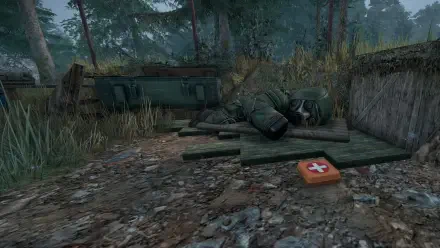 A HD PC desktop wallpaper from the video game STALCRAFT: X, depicting a rugged, overgrown landscape with scattered debris and a first aid kit amidst a woodland setting.