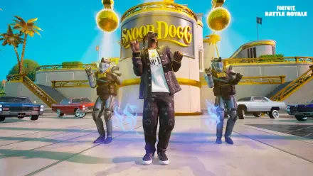 HD PC desktop wallpaper featuring Snoop Dogg in Fortnite Battle Royale, with two armored characters and a vibrant urban background.