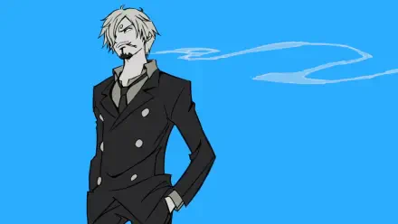 HD PC desktop wallpaper featuring Sanji from the anime One Piece, depicted in a black suit against a bright blue background with a stylized smoke trail.