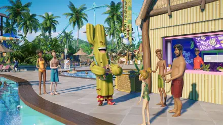 A vibrant scene from Planet Coaster 2, showcasing a fun character interacting with visitors at a tropical poolside venue, surrounded by palm trees and lively attractions.