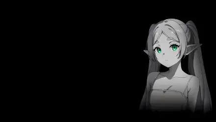 Anime-style character with vibrant green eyes and long hair on a black background, presented in 4K Ultra HD for PC desktop wallpaper and background.