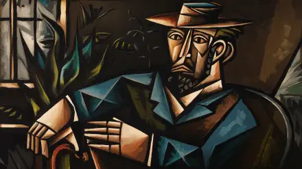 A stylized, cubist portrait of a man in a hat, seated with a relaxed demeanor, surrounded by greenery. This 4K Ultra HD wallpaper adds a unique artistic touch to any desktop.