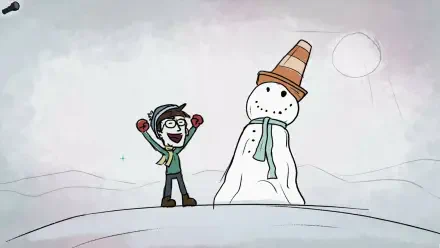 A cheerful character celebrates beside a snowman wearing a traffic cone hat in this HD PC desktop wallpaper from the video game Mindlock - The Apartment.