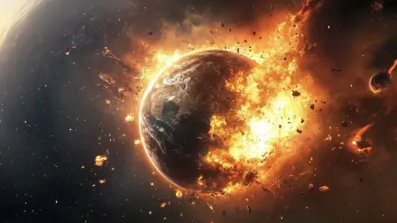 HD PC desktop wallpaper showing a planet engulfed in fiery destruction, with debris and flames spreading across its surface against a dark space background.