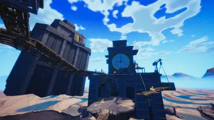 A vibrant HD wallpaper featuring a surreal landscape from the video game Atomic Picnic, showcasing towering structures and a dramatic sky filled with dynamic clouds.