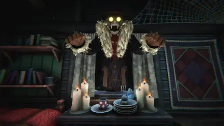 A haunting scene from the video game Is this Game Trying to Kill Me? features a ghostly figure with glowing eyes, surrounded by candles and eerie decor, set in an atmospheric room.
