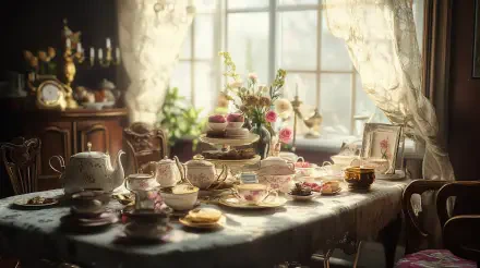 A beautifully arranged tea party scene featuring an ornate table set with delicate teacups, plates, and a floral centerpiece, illuminated by soft natural light from a nearby window. 4K Ultra HD desktop wallpaper.