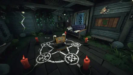 A dark, atmospheric room features a mysterious device surrounded by glowing candles and intricate symbols, evoking a sense of danger in the game Is this Game Trying to Kill Me?.