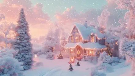 A cozy snowy cottage surrounded by pastel-colored trees, illuminated by warm lights, creates a serene Christmas aesthetic in this HD desktop wallpaper. Snowflakes gently fall in the tranquil scene.