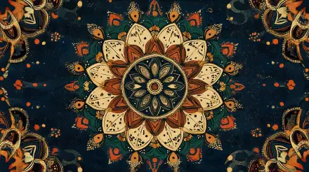 A detailed boho floral mandala with intricate artistic patterns in warm tones, designed as a 4K Ultra HD PC desktop wallpaper and background.