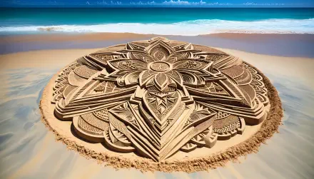 Intricate sand art design set against a tranquil beach, captured in stunning 4K Ultra HD, showcasing detailed patterns with the ocean in the background.