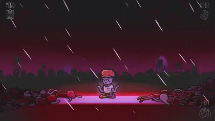 A vibrant HD desktop wallpaper featuring a character from the video game Mindcop, set against a dark, rain-soaked cityscape with fallen figures around them.