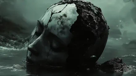 A striking artistic depiction of a cracked human head submerged in dark water, set against an eerie green background, presented as a 4K Ultra HD desktop wallpaper.