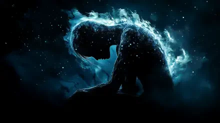 A somber, artistic depiction of a human figure silhouetted against a cosmic backdrop, evoking feelings of sadness and introspection. Ideal for a 4K Ultra HD desktop wallpaper.
