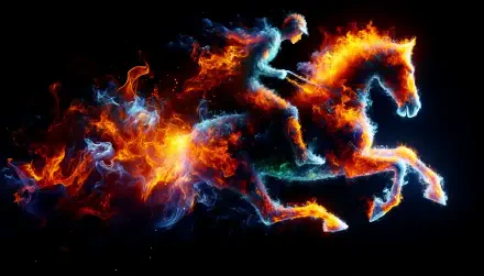 A vibrant 4K Ultra HD wallpaper depicting a rider on a fiery horse, surrounded by swirling flames and smoke, capturing the exhilarating spirit of horse riding.