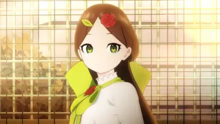 Anime-inspired HD wallpaper featuring a girl with green eyes and brown hair, adorned with a rose accessory, set against a grid background, themed around Murder Mystery of the Dead.