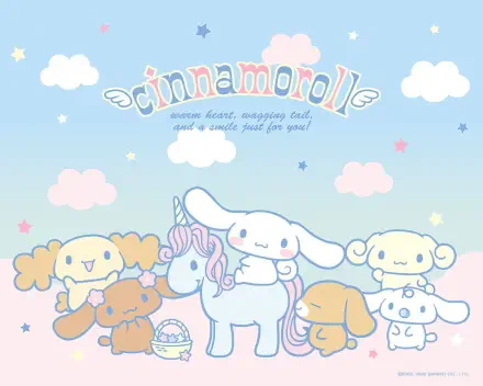 A colorful HD wallpaper featuring Cinnamoroll and friends, including whimsical creatures and a unicorn, set against a pastel sky with fluffy clouds. A cheerful and cute design.