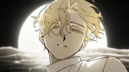 An expressive character with tousled blonde hair gazes thoughtfully against a luminous moonlit backdrop in this HD PC desktop wallpaper featuring Luka from Alien Stage.