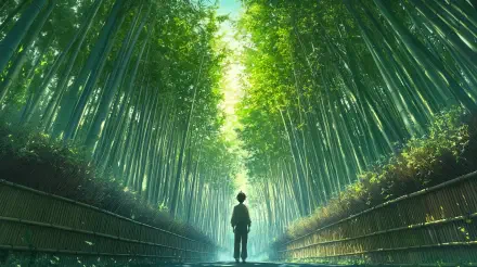A beautifully detailed 4K Ultra HD anime wallpaper depicting a serene bamboo forest, where a figure stands under a canopy of vibrant green, absorbing the tranquility of nature.