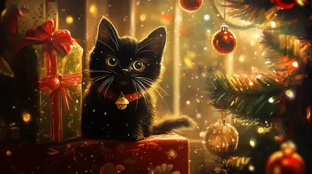 A charming black cat with bright eyes sits atop a gift, surrounded by Christmas decorations and a tree, creating a cozy holiday atmosphere in this 4K Ultra HD wallpaper.