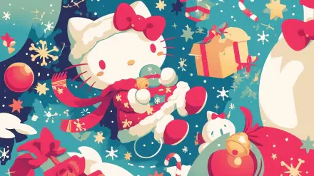 A festive HD wallpaper featuring Hello Kitty in a Christmas setting, surrounded by decorations, snowflakes, and colorful gifts, capturing the cheerful spirit of anime and Sanrio holidays.