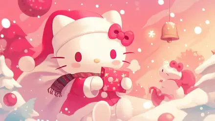 A festive Hello Kitty sits in a snowy landscape, wearing a Santa hat and scarf, holding a gift. This colorful anime-themed Christmas wallpaper adds cheer to any desktop background.