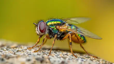 A close-up of a vibrant fly showcasing its colorful body and detailed features, set against a blurred green background. This 4K Ultra HD image serves as an engaging desktop wallpaper.