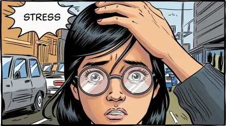 A distressed woman with glasses clutches her head amidst a busy street scene, encapsulating the theme of stress. This vibrant image serves as a 4K Ultra HD desktop wallpaper.