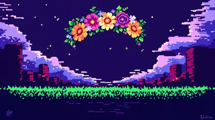 A vibrant flower crown arcs across a dreamy landscape, with pixelated mountains and a starry sky, creating a colorful 4K Ultra HD PC desktop wallpaper.