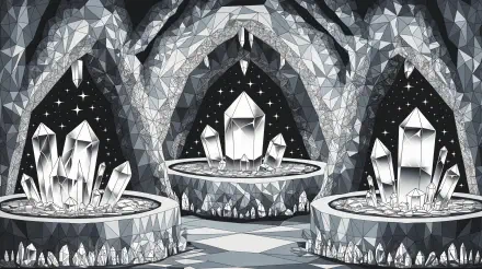 A striking crystal cave featuring shimmering crystals in various shapes, set against a starry backdrop. This 4K Ultra HD image serves as an enchanting PC desktop wallpaper.