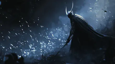 A dark, atmospheric HD wallpaper depicting a character from the video game Hollow Knight, featuring anime-inspired art with dramatic lighting and swirling particles.