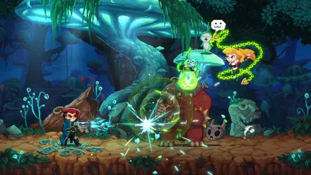 A vibrant HD desktop wallpaper from the video game Spirit Mancer, featuring dynamic characters, magical effects, and a mystical forest background.