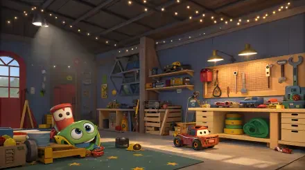 A cozy workshop filled with colorful tools and toys, featuring friendly animated characters in a vibrant setting, captured in stunning 4K Ultra HD resolution.