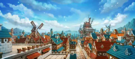 HD PC desktop wallpaper featuring a vibrant townscape from the video game Guardian Tales, showcasing colorful rooftops, windmills, and a bright blue sky.