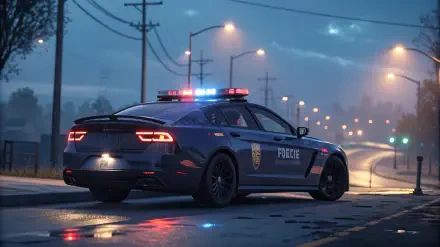 A sleek police car with flashing lights parked on a wet road, surrounded by streetlights in a moody, atmospheric nighttime setting, perfect for an HD PC desktop wallpaper.