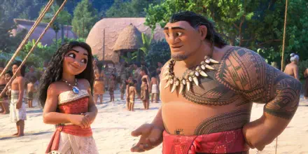 Moana Waialiki interacts with a character from Moana 2 in this vibrant HD desktop wallpaper, showcasing their friendly bond against a lush tropical background.