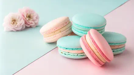 Aesthetic pastel-colored macarons arranged on a soft background, complemented by delicate flowers, creating a serene 4K Ultra HD desktop wallpaper and background.