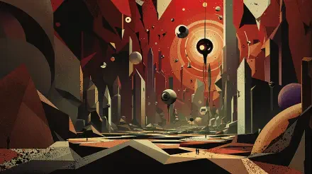 A striking 4K Ultra HD PC desktop wallpaper featuring a surreal landscape of jagged mountains, floating spheres, and a red-hued sky, evoking a sense of otherworldly adventure.