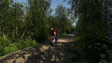A serene scene from Finnish Cottage Simulator, showcasing a character riding a bike along a peaceful forest path, surrounded by lush greenery and sunlight filtering through the trees.