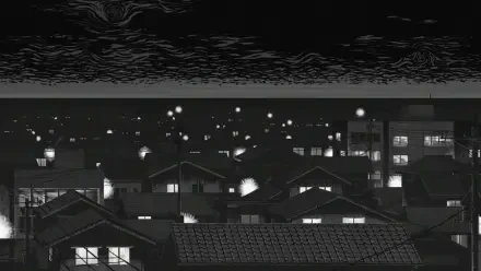 Monochrome manga-inspired HD wallpaper from Uzumaki: Spiral Into Horror, featuring a dark cityscape illuminated by scattered lights against a dramatic sky.