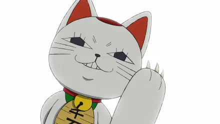 Anime HD PC desktop wallpaper of Dandadan's Turbo Granny: a grinning white maneki-neko cat with raised clawed paw and bell collar on a plain white background.