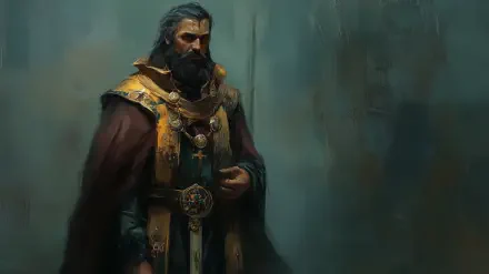 A regal cleric stands confidently, adorned in ornate robes and accessories, against a muted background. This HD PC desktop wallpaper captures a mystical, powerful presence.