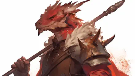 A formidable Dragonborn warrior clad in armor, wielding a spear, embodies the essence of fantasy in this vibrant HD PC desktop wallpaper.