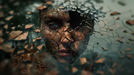 A striking 4K Ultra HD wallpaper featuring a woman's face partially hidden behind cracked surface textures, symbolizing the fragility of humanity.